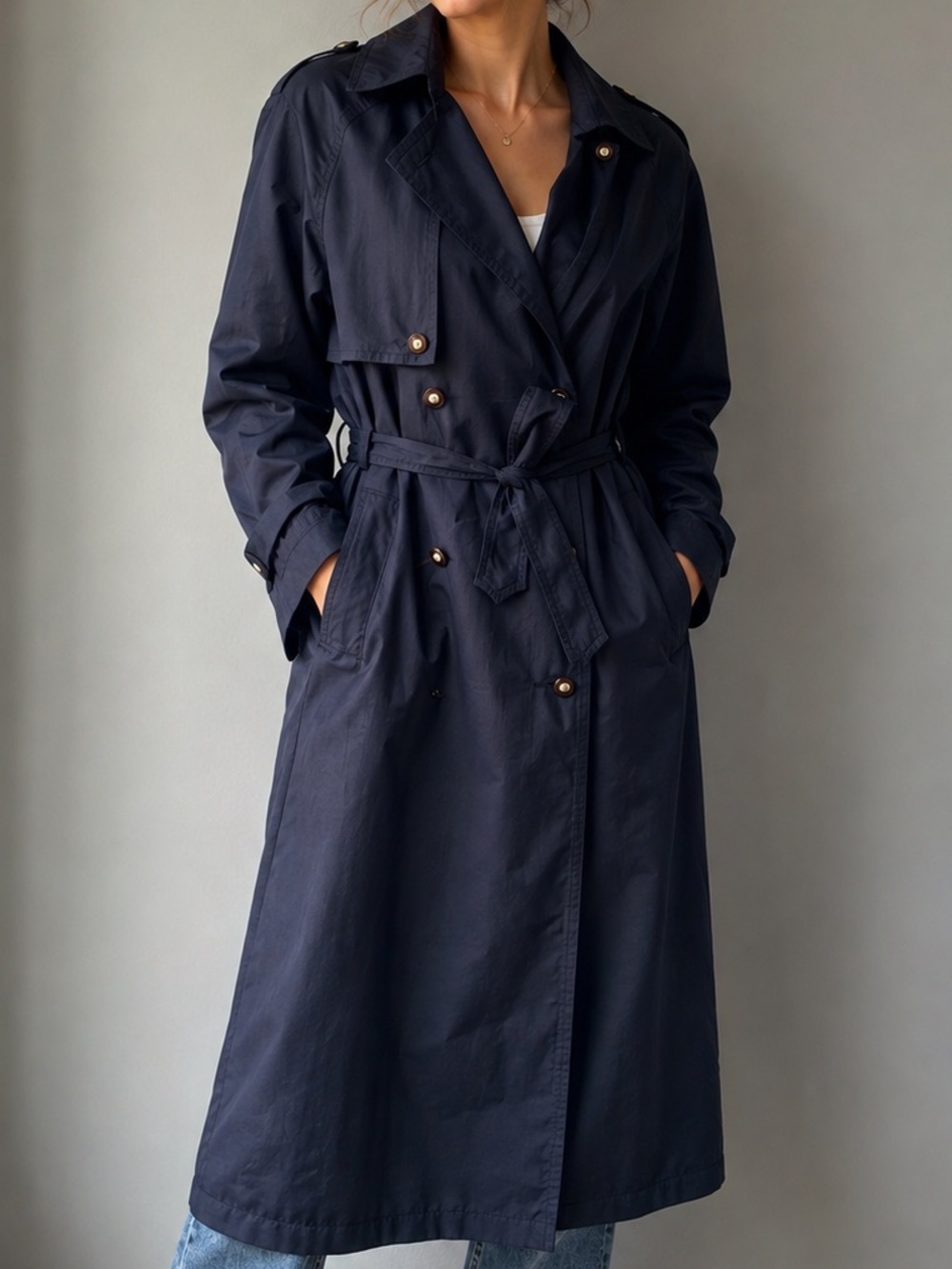 CLEO PETITES Navy Blue Belted Trench Coat | Size 6 Petite